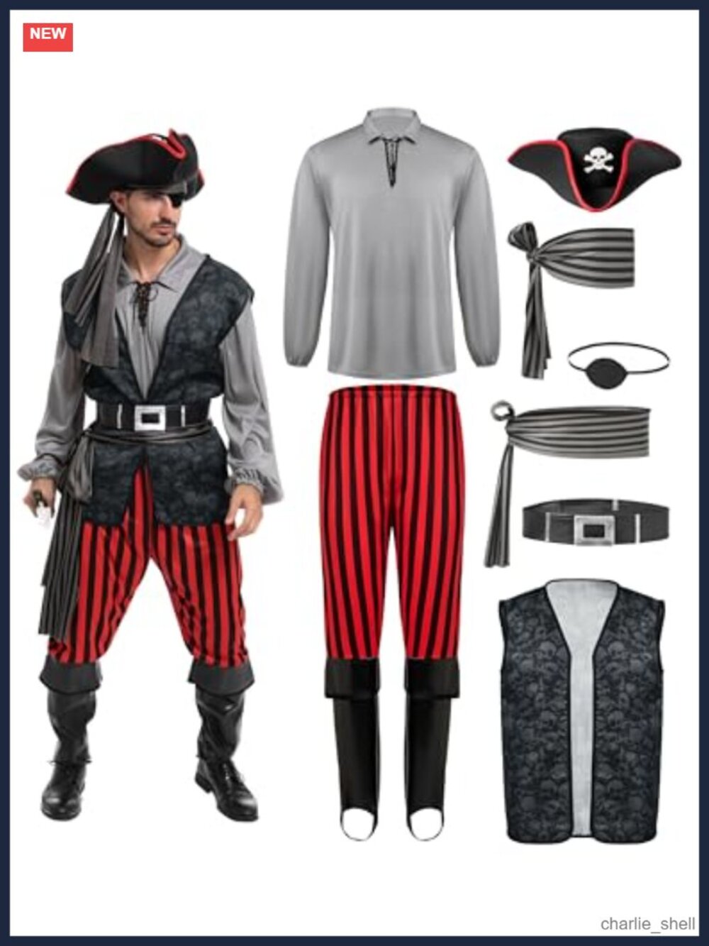 Men's Pirate Costume Set with Shirt, Vest, Hat, Pants